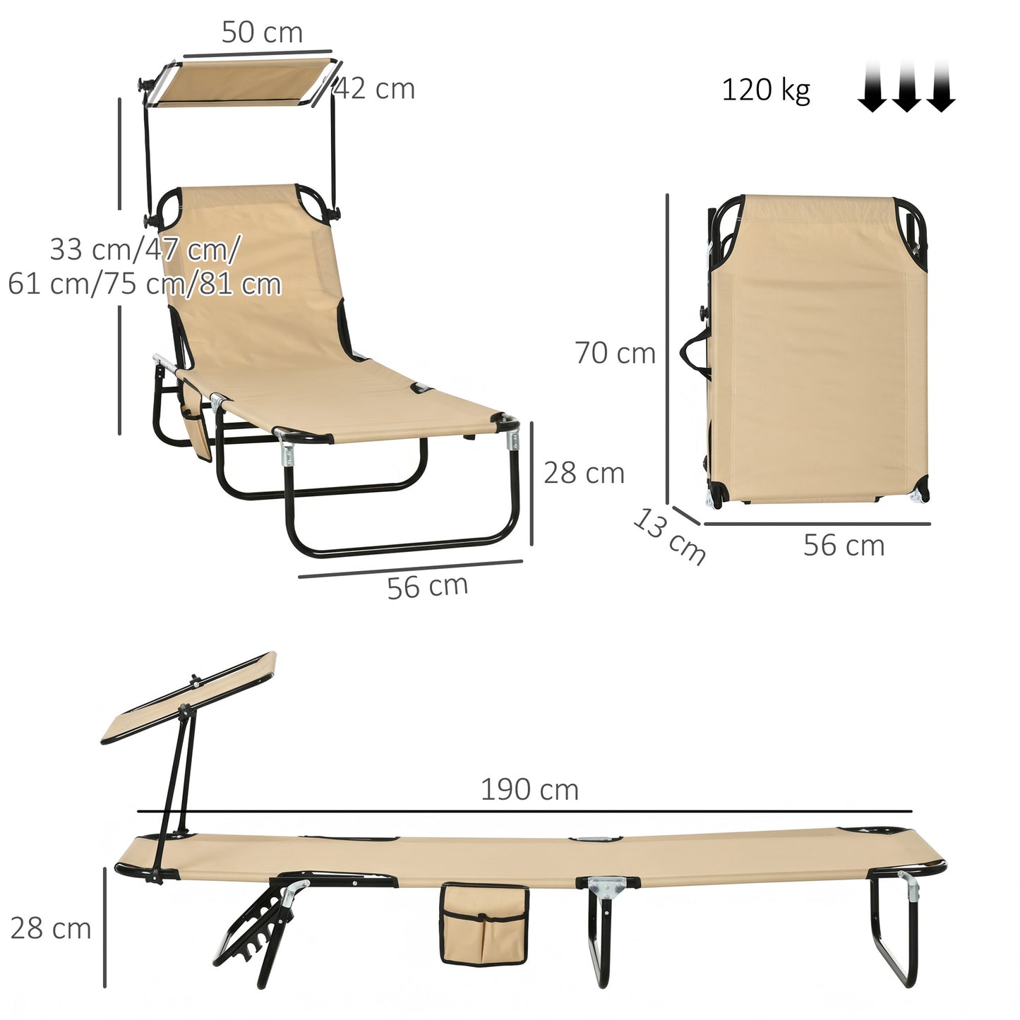 2 Piece Folding Sun Loungers with Canopy, Adjustable Recliner Garden Chairs with Side Pocket