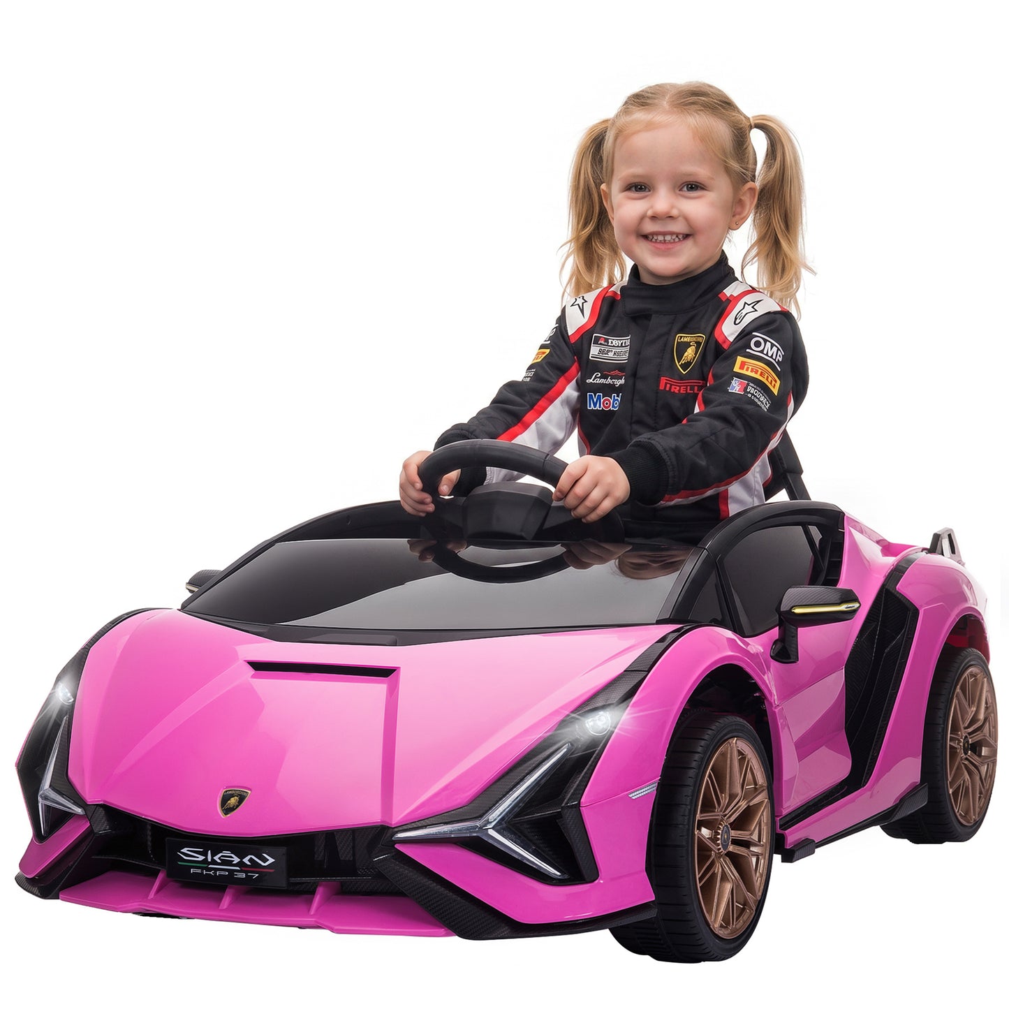 Lamborghini Sian Licensed Electric Car for Kids, 12V Kids Electric Ride on Car with Dual Motors, Remote Control, Pink