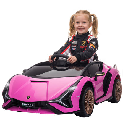 Lamborghini Sian Licensed Electric Car for Kids, 12V Kids Electric Ride on Car with Dual Motors, Remote Control, Pink