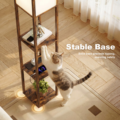 Floor Lamp with Shelves, 4 Layer Standing Lamp with USB Ports, 3 Colour Temperature, Rustic Brown