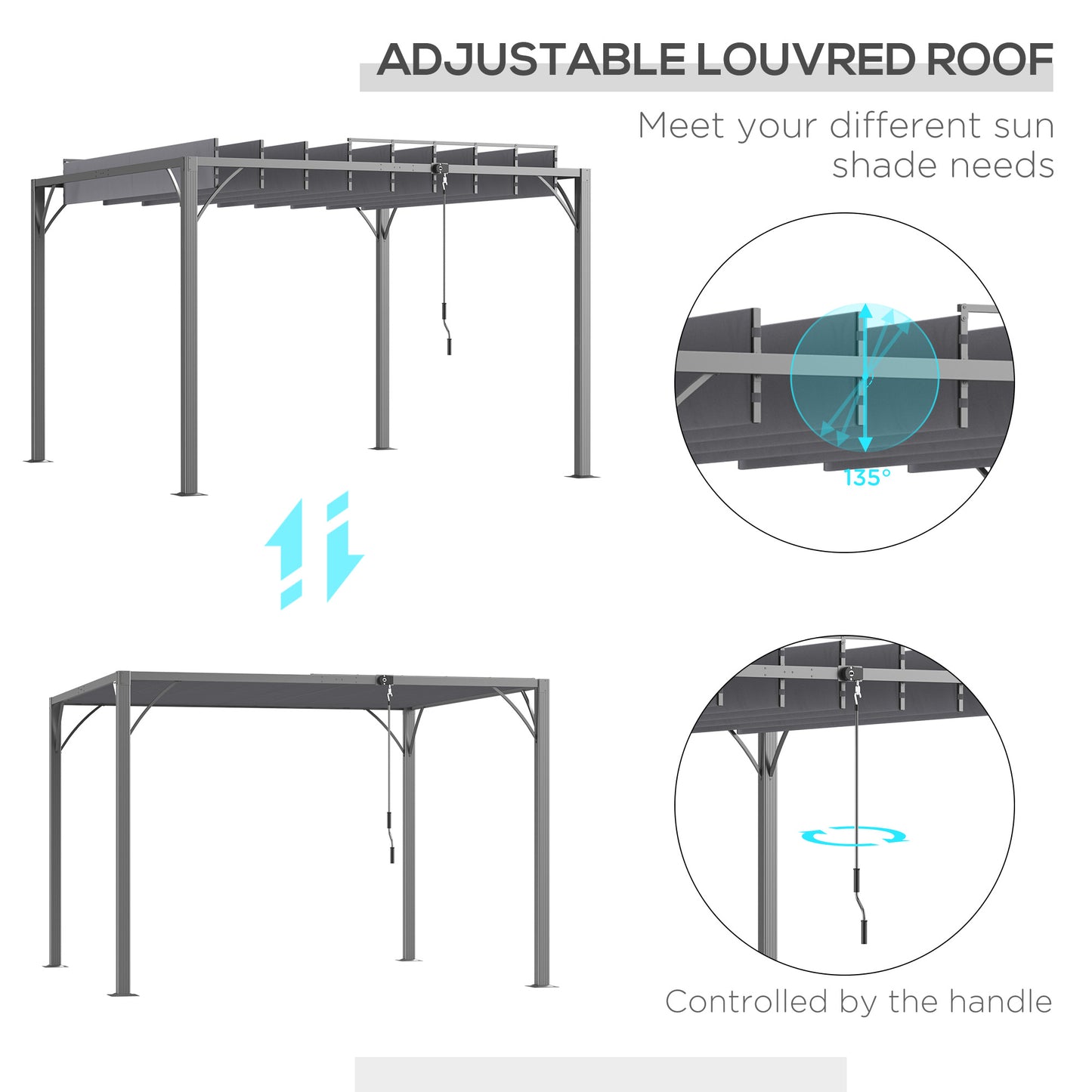 3 x 3(m) Outdoor Pergola with Retractable Roof, Aluminium Louvered Patio Gazebo Canopy for Garden, Patio, Grey
