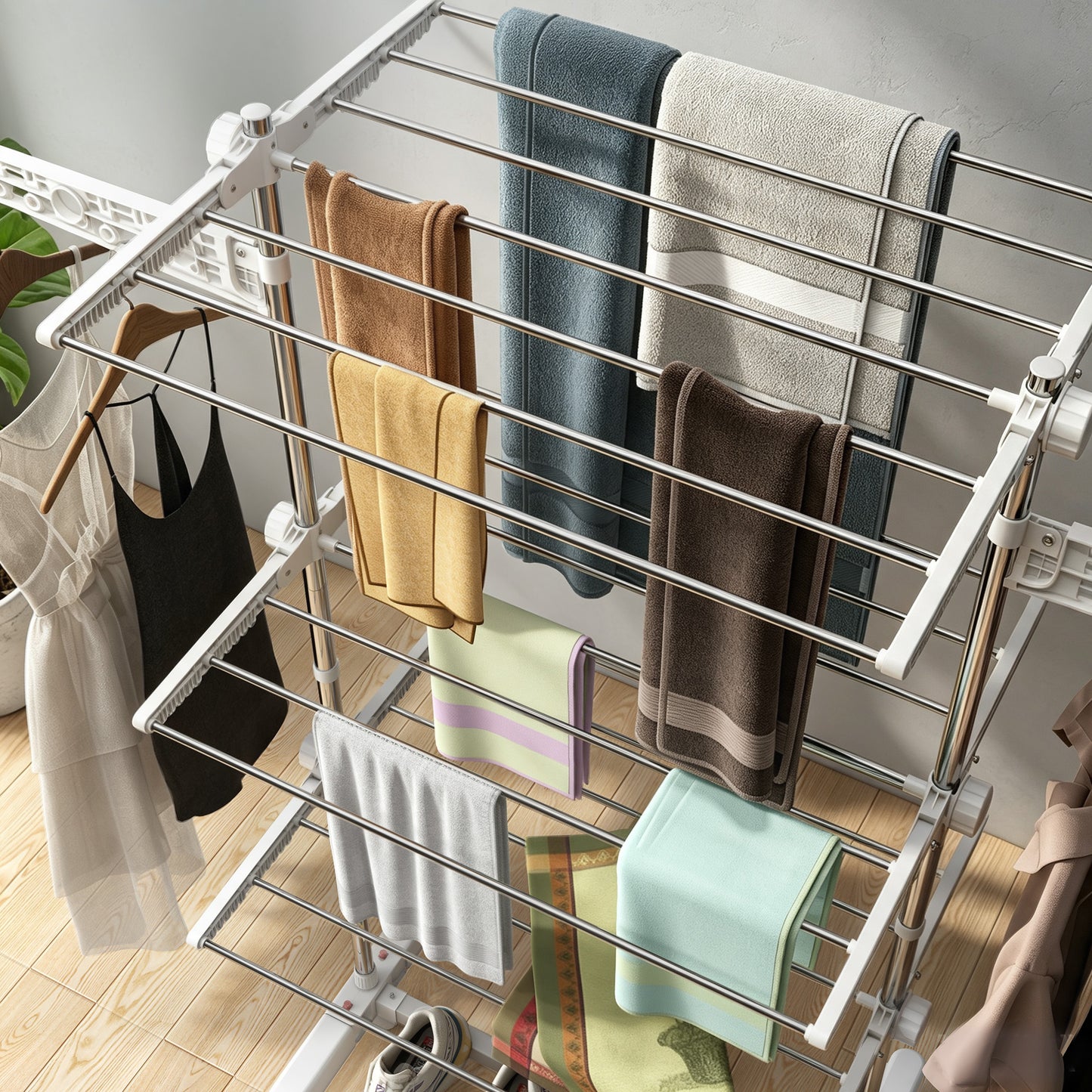 3-Tier Clothes Airer, Stainless Steel Foldable Clothes Drying Rack with Wheels and Wings, Indoor and Outdoor, Easy Assembly