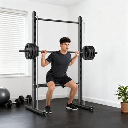 Adjustable Squat Rack, with Pull Up Bar, Barbell Bar for Home Gym