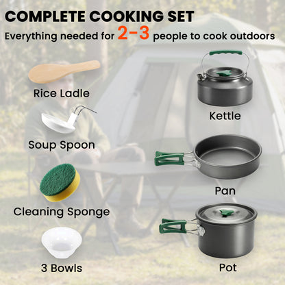 Camping Cookware Set for 2-3 People, Ultralight Aluminium Camping Cooking Kit with Anti-Scald Handles, Grey