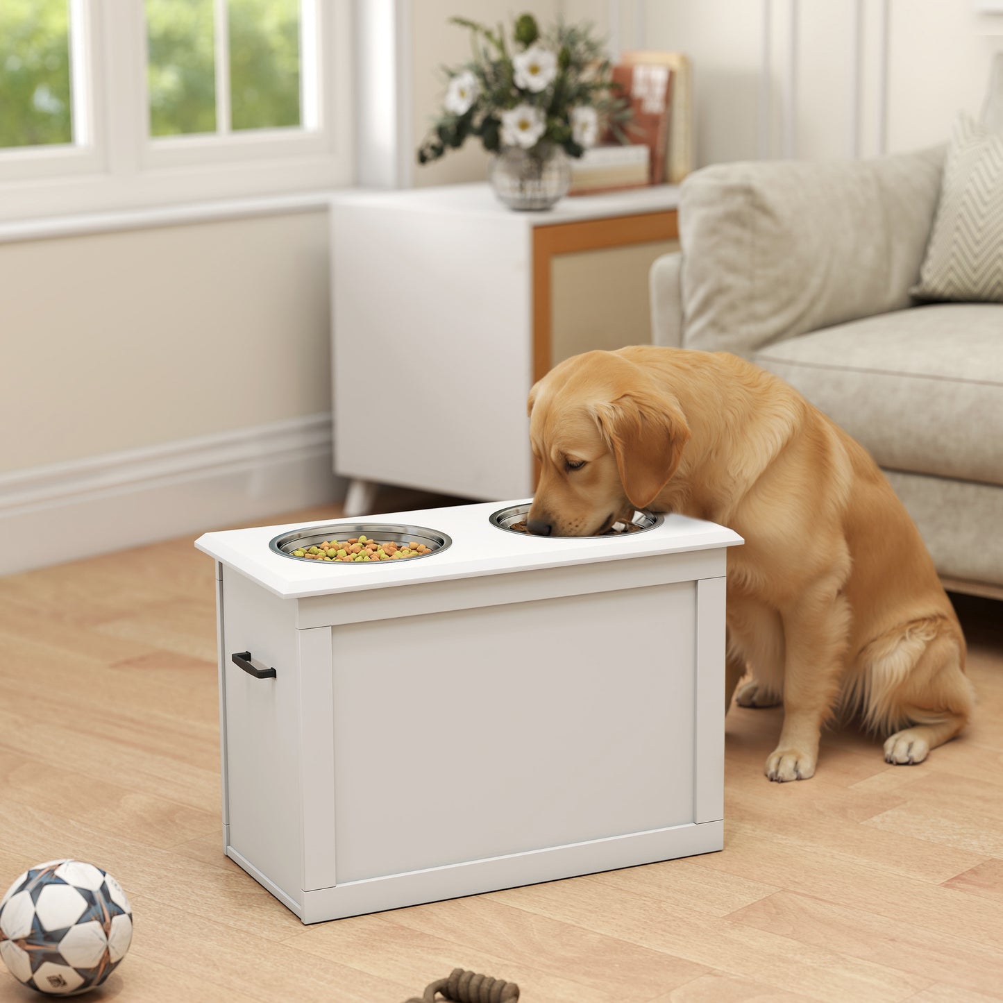 Raised Dog Bowls, with Storage, Two Stainless Steel Bowls, Elevated Base - White