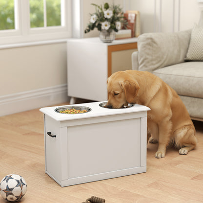 Raised Dog Bowls, with Storage, Two Stainless Steel Bowls, Elevated Base - White
