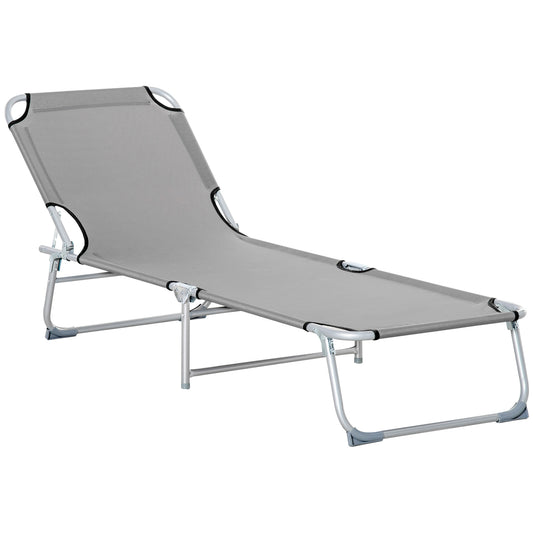 Reclining Sun Lounger Chair Folding Camping Bed with 4-Position Adjustable Backrest, Grey