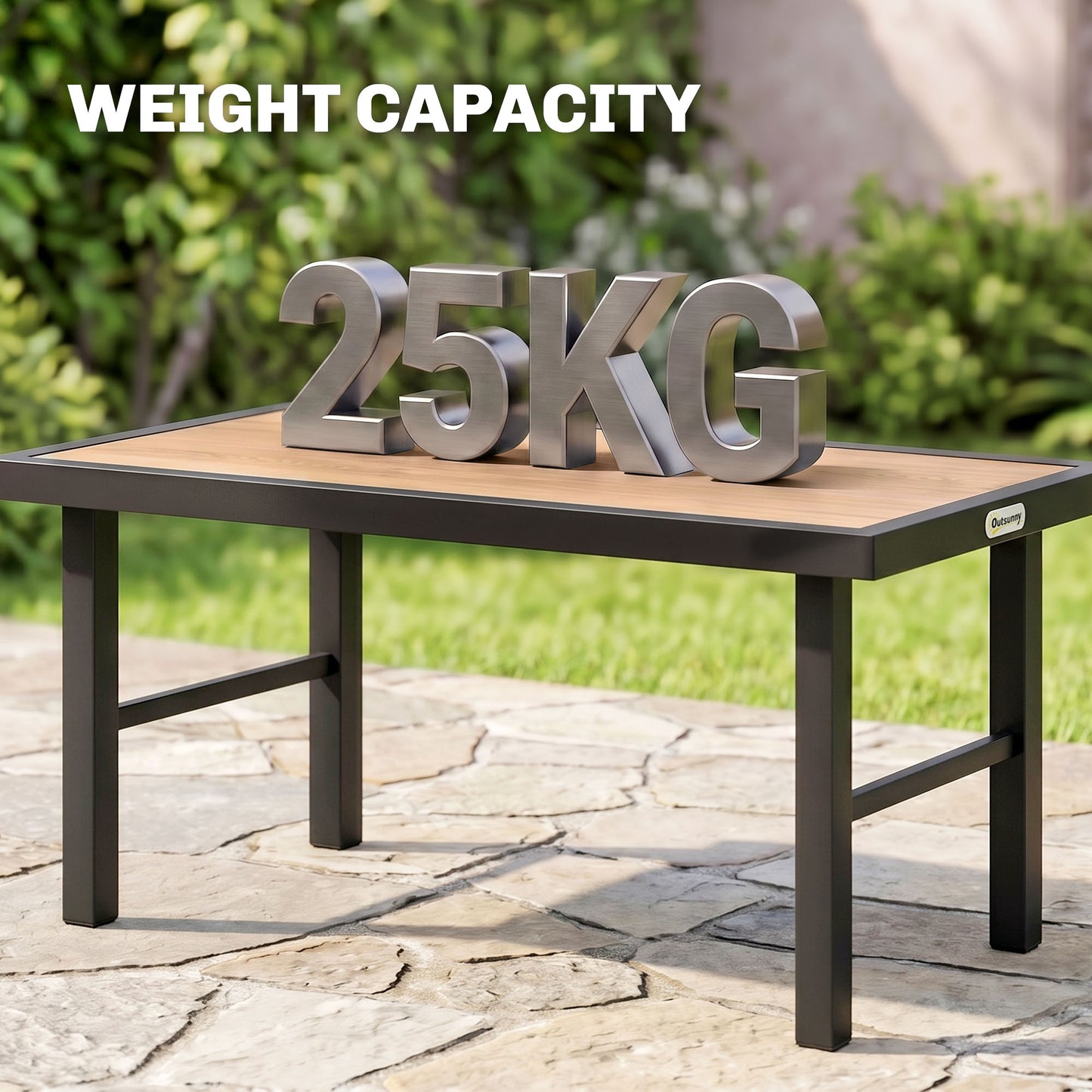Metal Garden Coffee Table, Outdoor Side Table with SPC Woodgrain Tabletop for Outside, Garden, Balcony, Porch