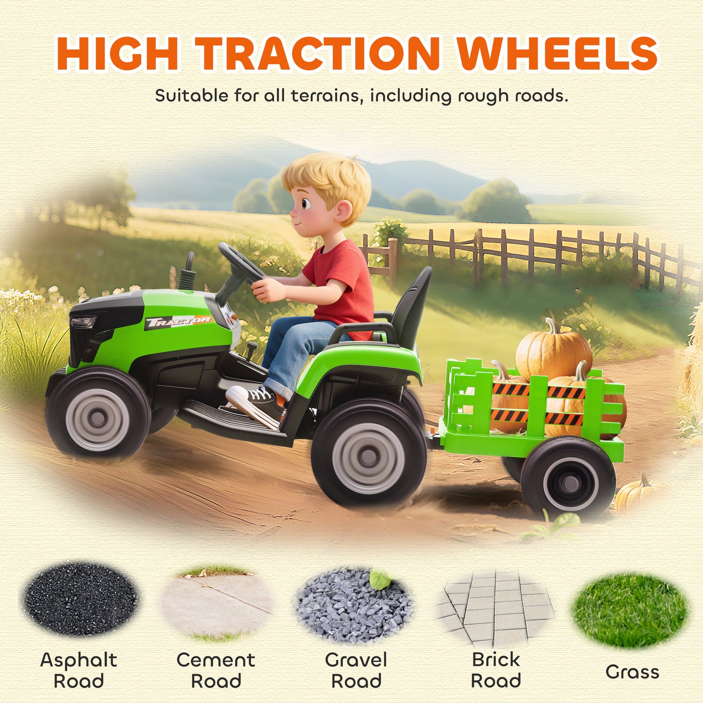 12V Ride on Tractor and Trailer with Remote Control, Music, Shifter, Start-Up Sound, for Kids Ages 3-8 Years, Green