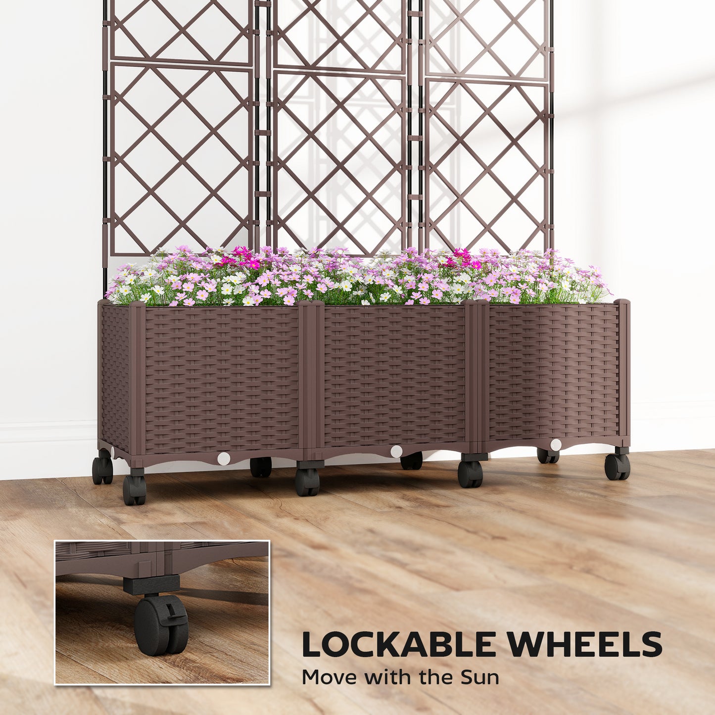 Plastic Raised Planter with Trellis, Self Watering Raised Bed for Garden with Wheels, Drainage Holes and Plugs