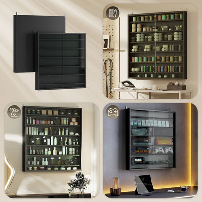 Six Shelf Display Cabinet, with Glass Doors - Black