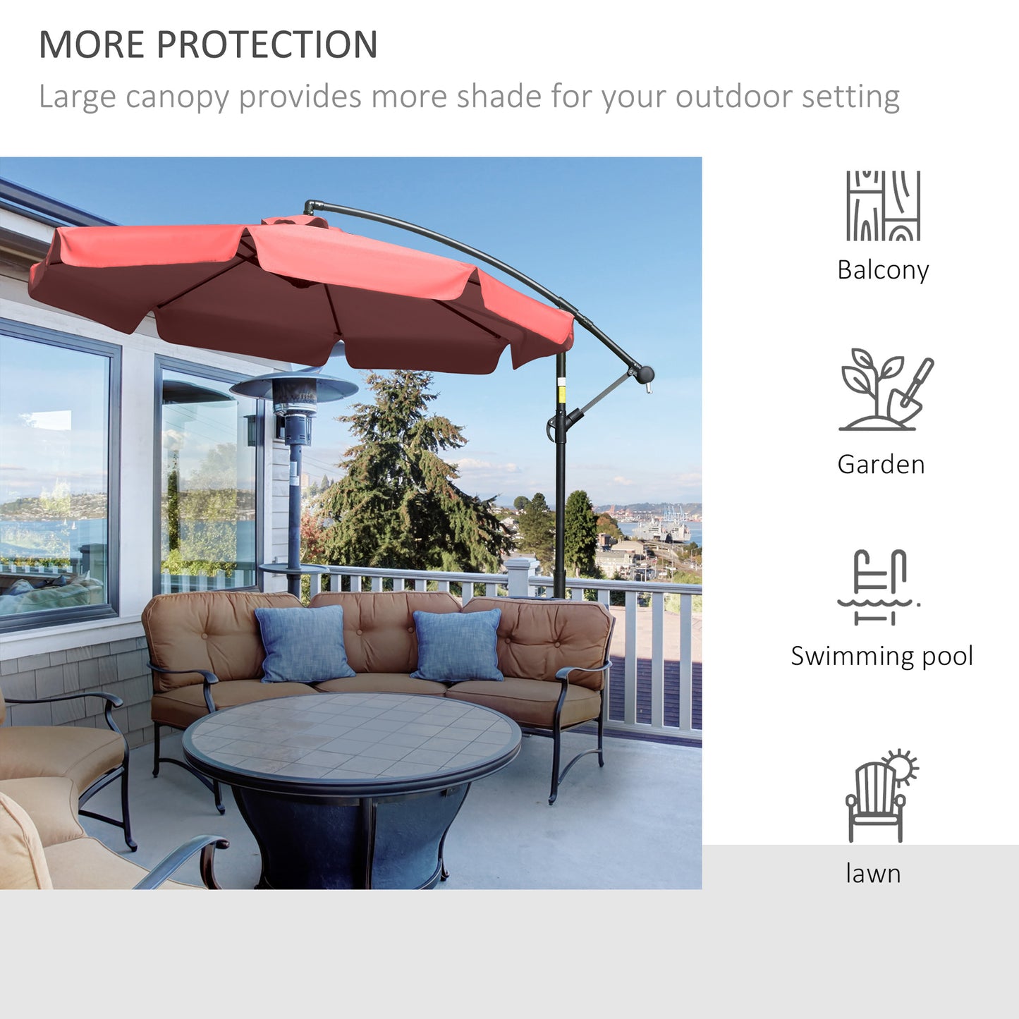 2.7m Garden Banana Parasol Cantilever Umbrella with Crank Handle and Cross Base for Outdoor, Hanging Sun Shade, Wine Red
