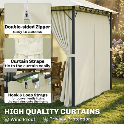 4m x 3(m)Garden Gazebo, Double Roof Outdoor Gazebo Canopy Shelter with Curtains, Solid Steel Frame for Lawn and Deck, Beige
