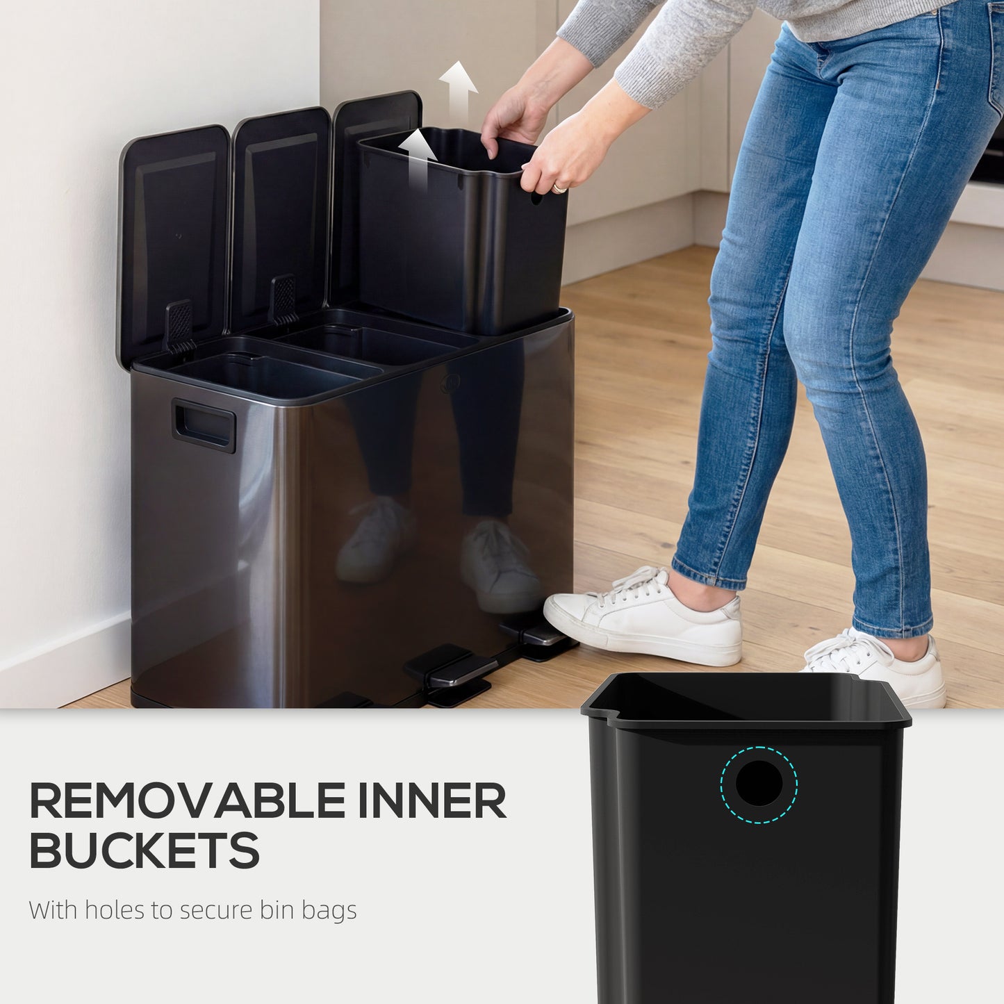 3 x 15L Pedal Bin, Steel Triple Kitchen Bin with Soft Close Lid, Removable Inner Buckets, Fingerprint-Proof, Black