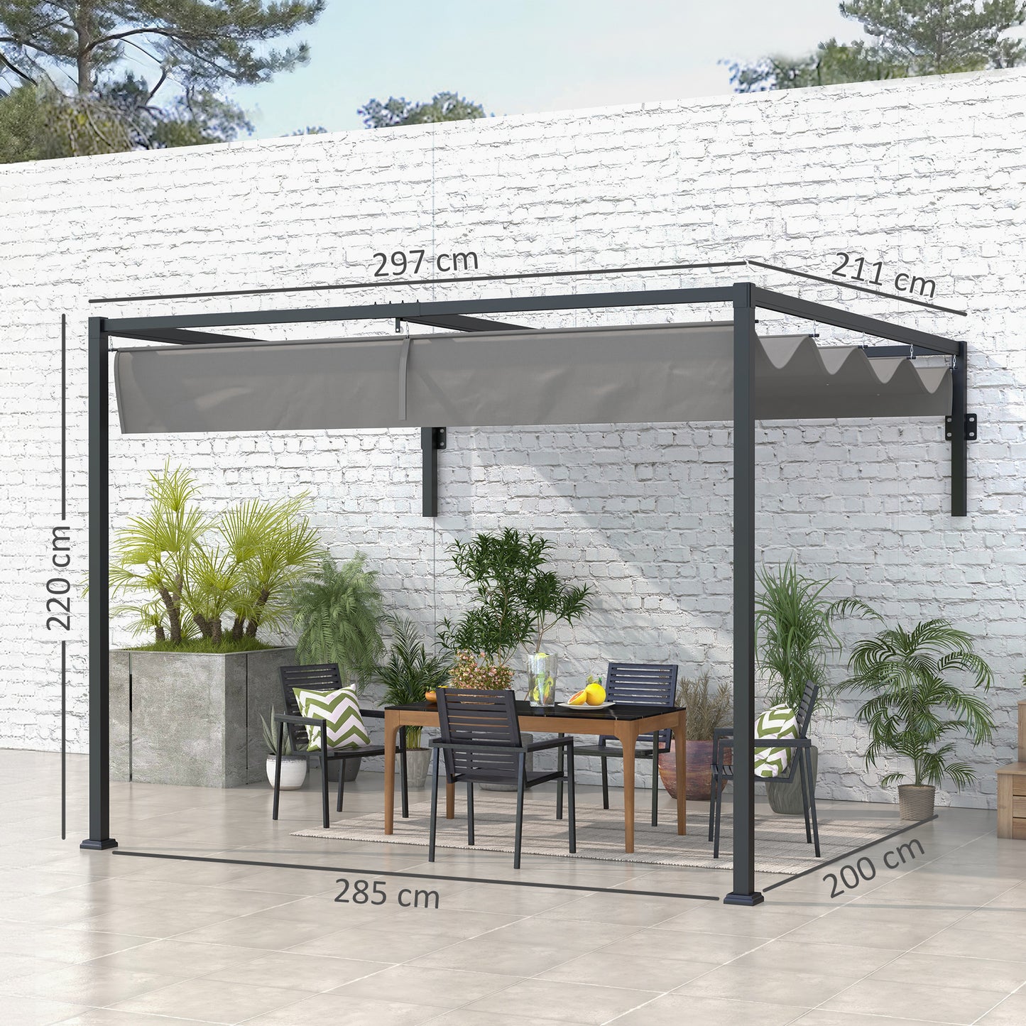 2 x 3(m) Lean To Steel Pergola, with Moving Fabric Canopy - Dark Grey