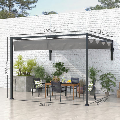 2 x 3(m) Lean To Steel Pergola, with Moving Fabric Canopy - Dark Grey