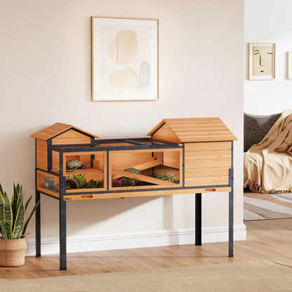 Wooden Tortoise House with Stand Legs, Clear Observation Windows, Ramps, Openable Top, Built-in Tray, Yellow