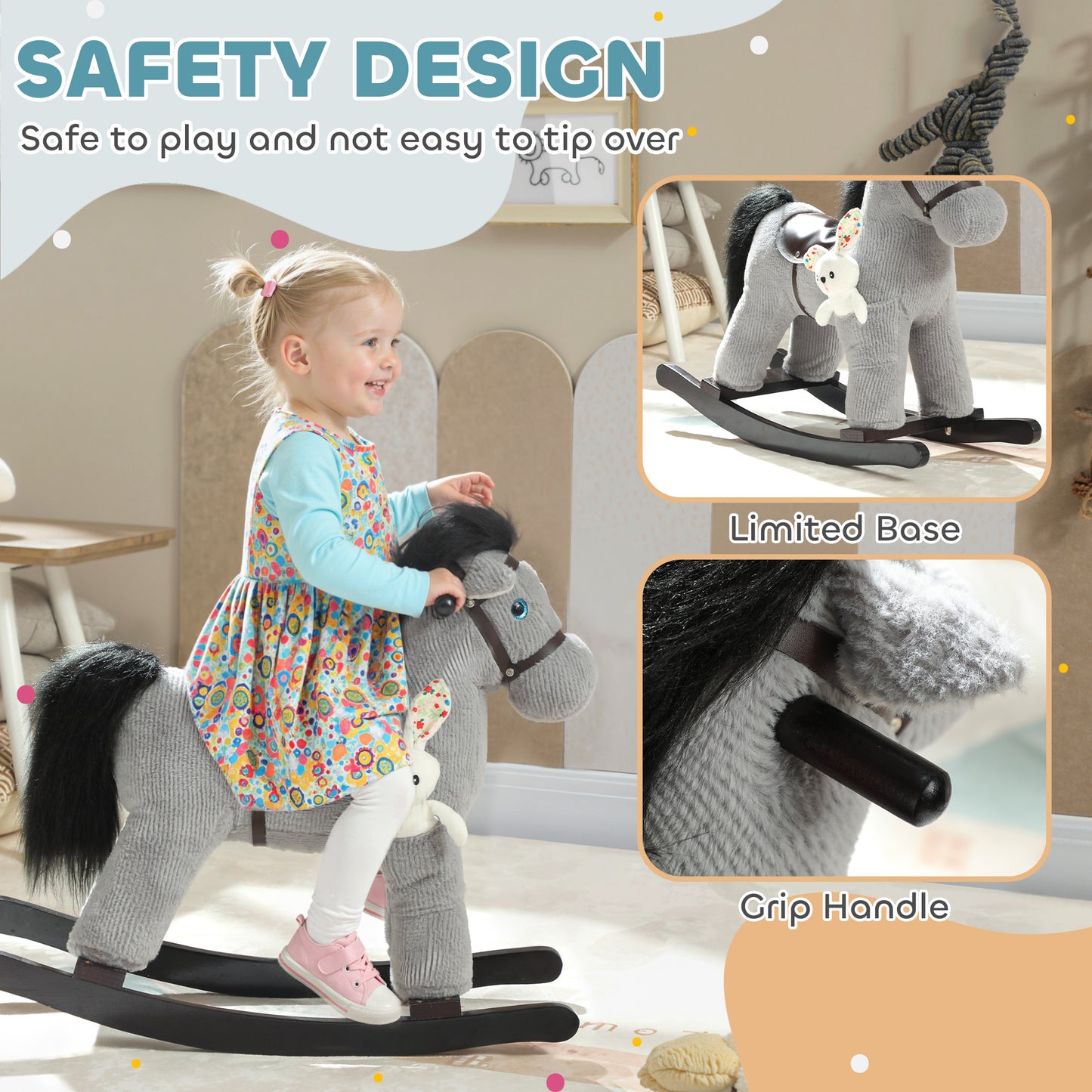 Baby Rocking Horse, Plush Ride on Toy with Handle Grip, Sound and Doll, Toddler Animal Rocker for Kids Aged 2-5, Grey