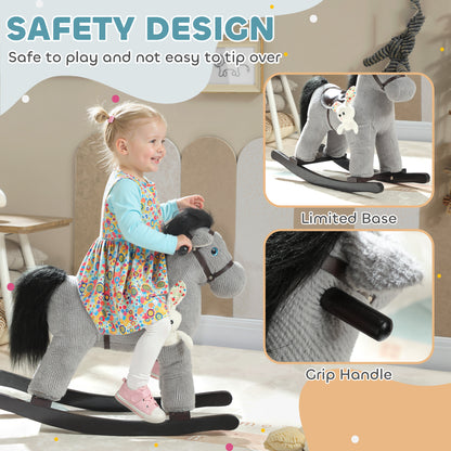 Baby Rocking Horse, Plush Ride on Toy with Handle Grip, Sound and Doll, Toddler Animal Rocker for Kids Aged 2-5, Grey