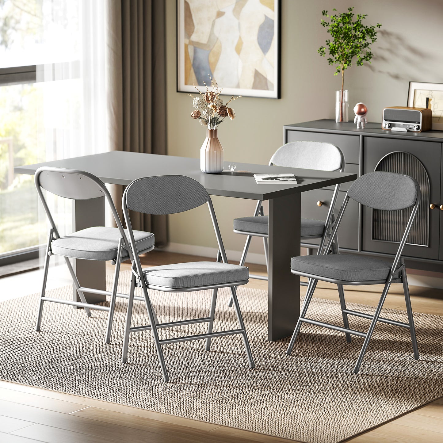 Set of Four Folding Corduroy Seat Chairs - Grey