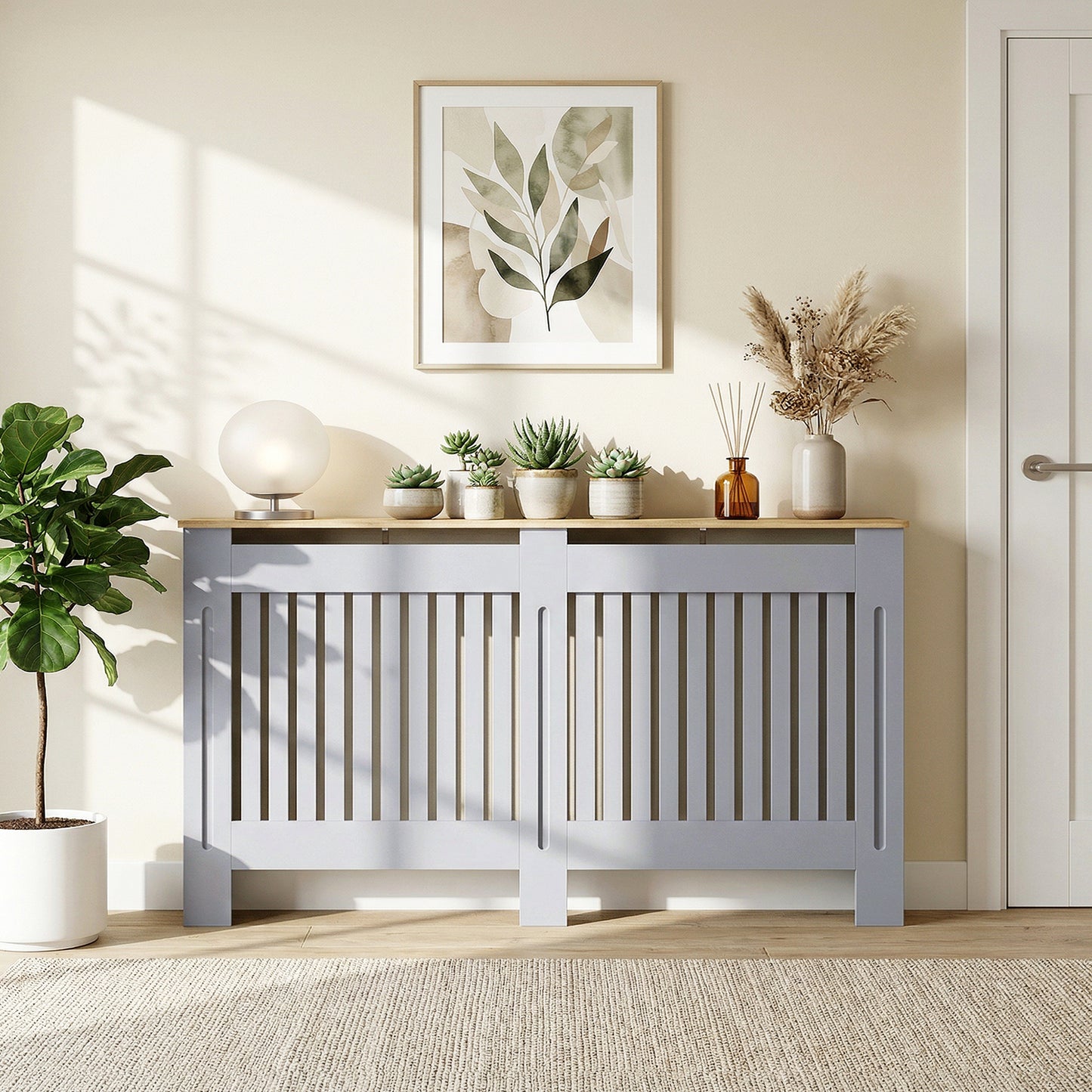 Slatted Radiator Cover, Painted Cabinet with Line Grill Design, 172L × 19W × 81H cm, Grey