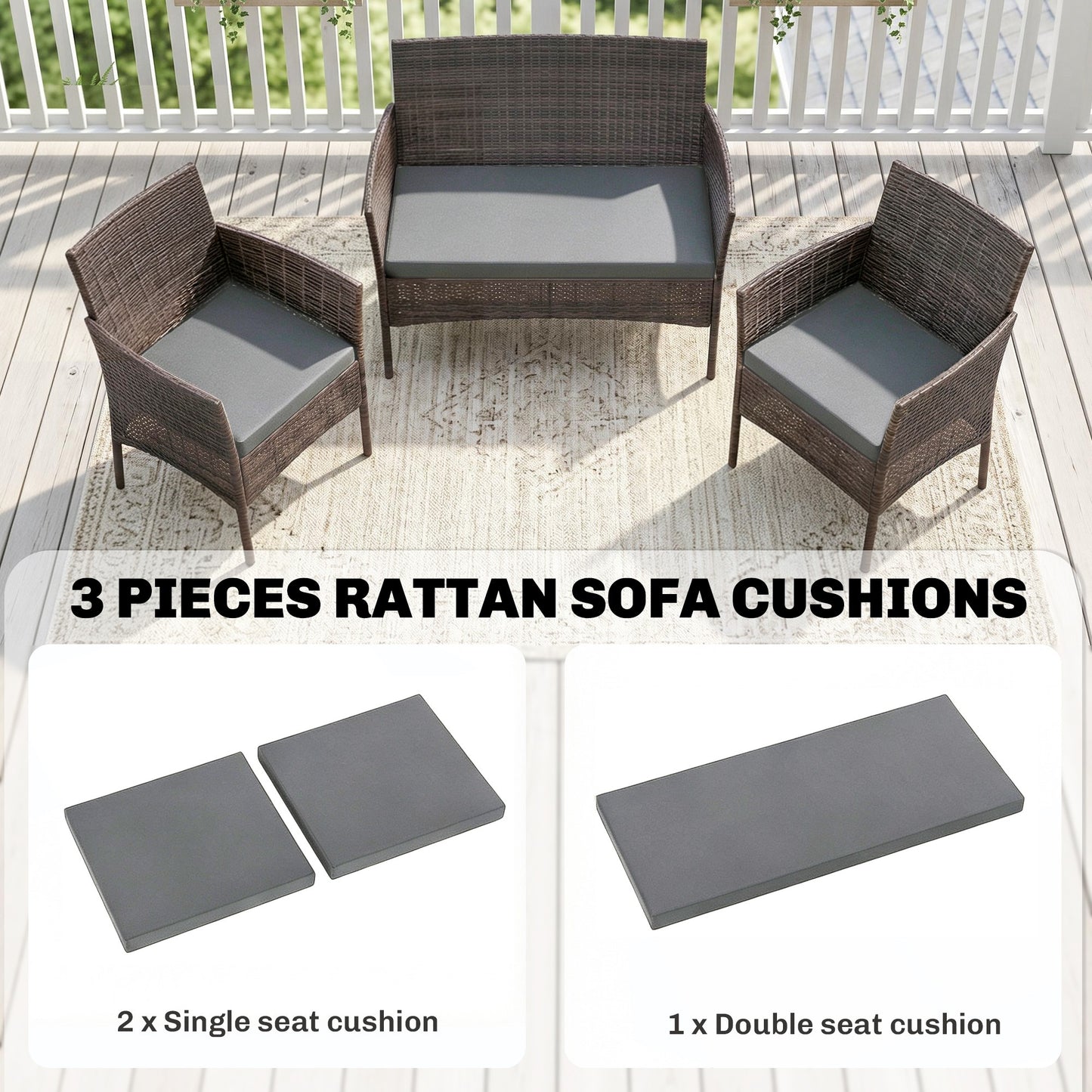 Outdoor Seat Cushion Pads for Rattan Furniture, 3 PCs Garden Furniture Cushions, Dark Grey