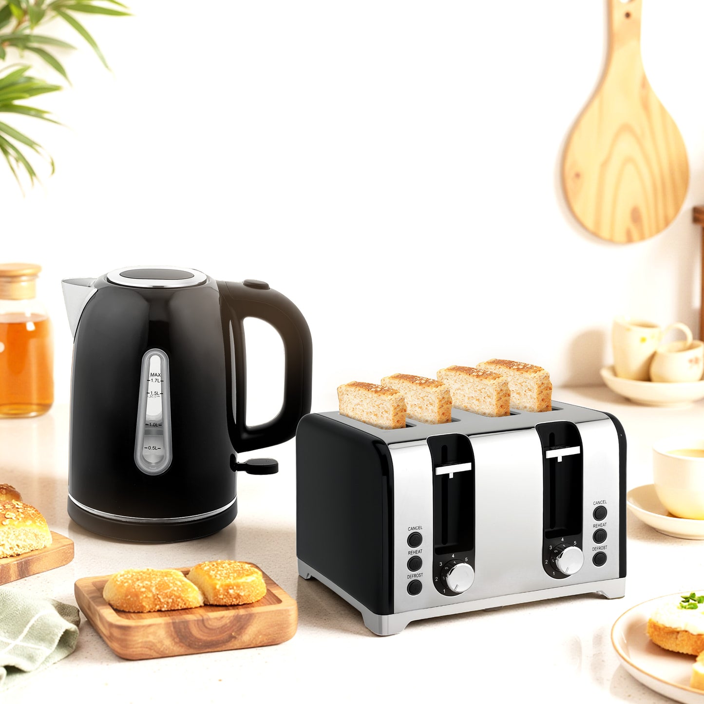 Kettle and Toaster Set, 1.7L 3000W Rapid Boil Jug Kettle with Otter Thermostat, Limescale Filter