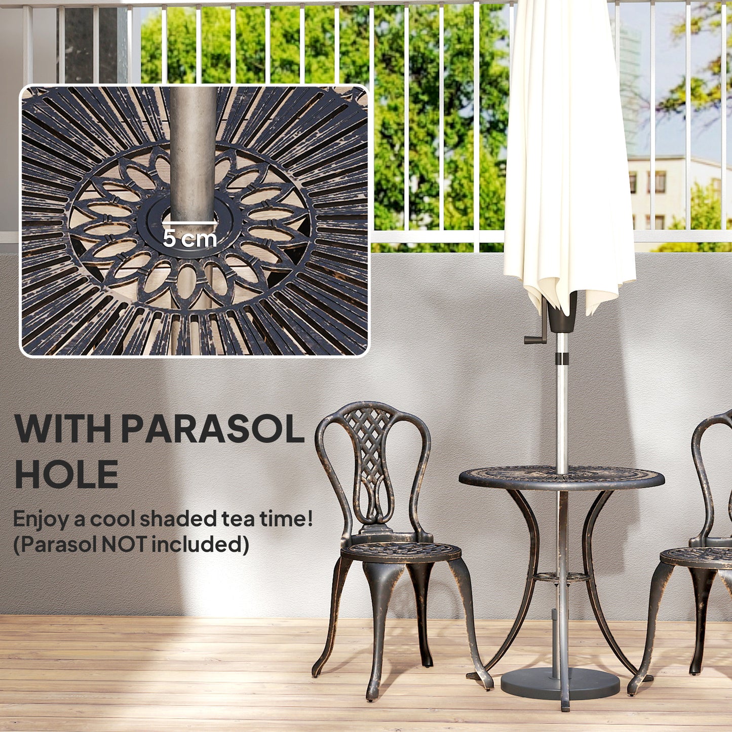 Outdoor Bistro Set for 2 Cast Aluminium Patio Furniture with Round Table Umbrella Hole Brown