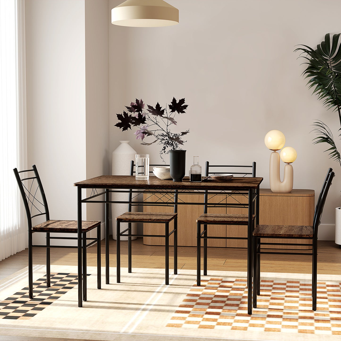 Five-Piece Minimal Dining Set - Oak-Effect/Black