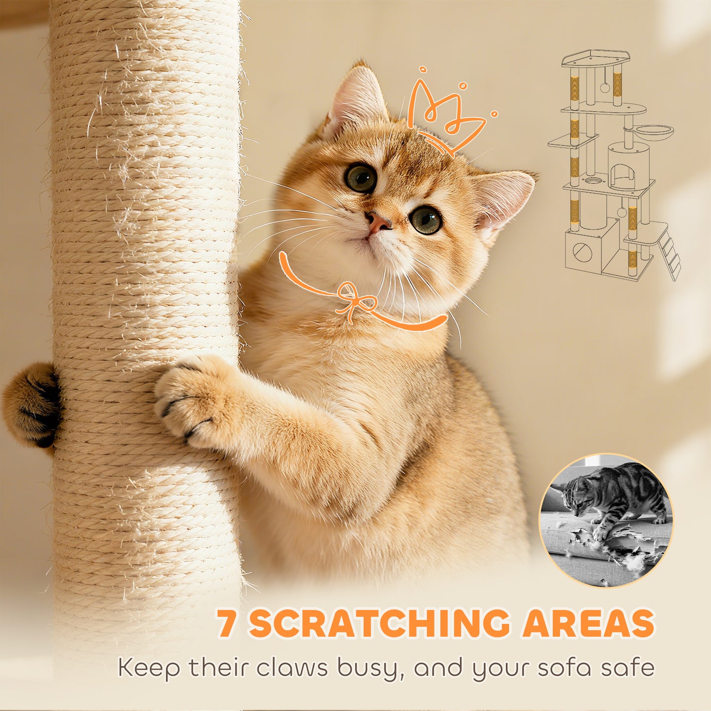 170 cm Large Cat Tree, Cat Tower with 7 Scratching Posts, Tunnel, 2 Condos, Hammock, Perch, Ramp, Pompoms, Beige