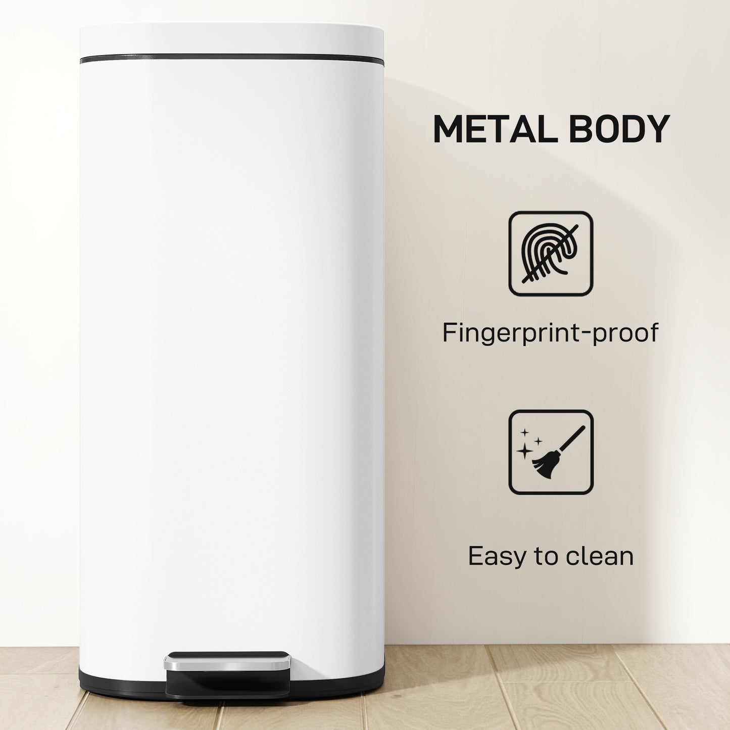 30L Kitchen Bin, Compact Pedal Bin with Soft-Close and Stay-Open Lid, Removable Bucket for Kitchen, Home, Office, White
