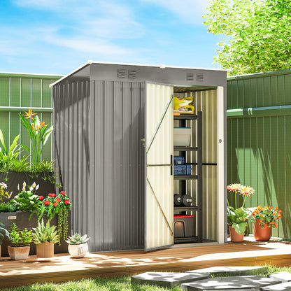 5 x 3 ft Lean-to Garden Shed, Outdoor Storage Shed with Lockable Door and Vents, Light Grey