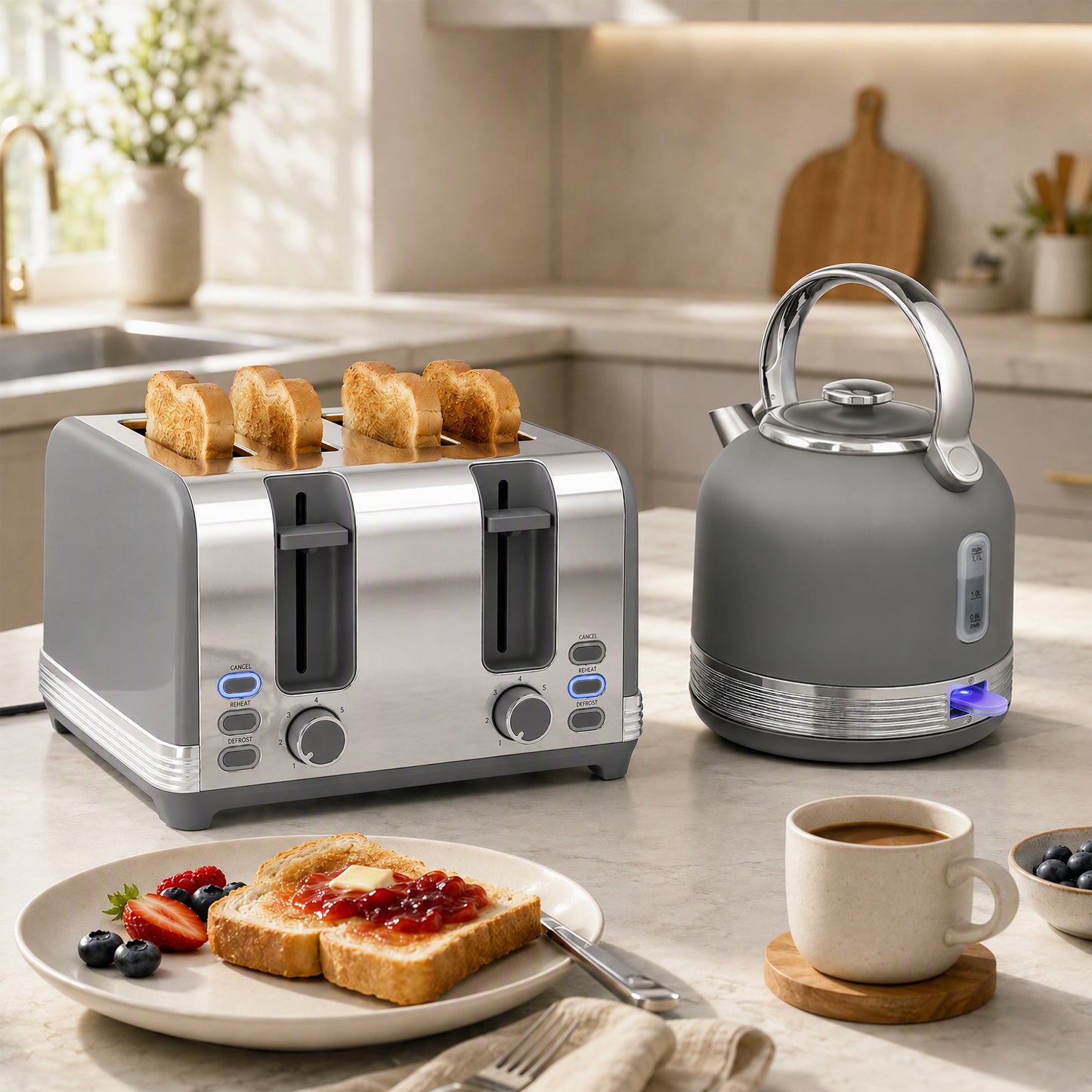 Stainless Steel Kettle and Toaster Set, 1.7L 3000W Cordless Fast Boil Kettle, 4 Slice Toaster Kitchen Set, Grey