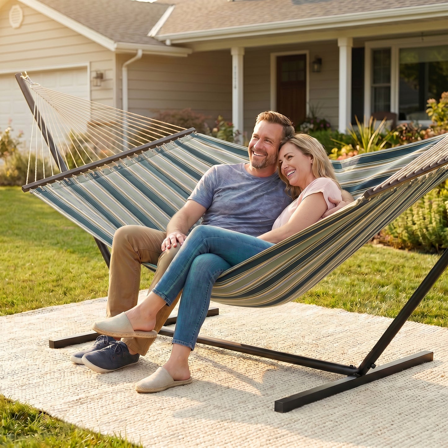 Outdoor Hammock with Stand Detachable Pillow Striped Swing Steel Frame, for Garden, Patio, Green