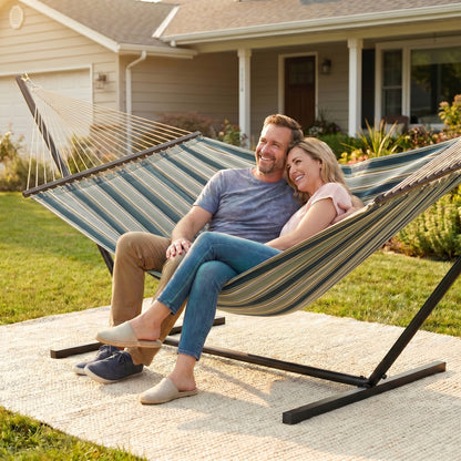 Outdoor Hammock with Stand Detachable Pillow Striped Swing Steel Frame, for Garden, Patio, Green