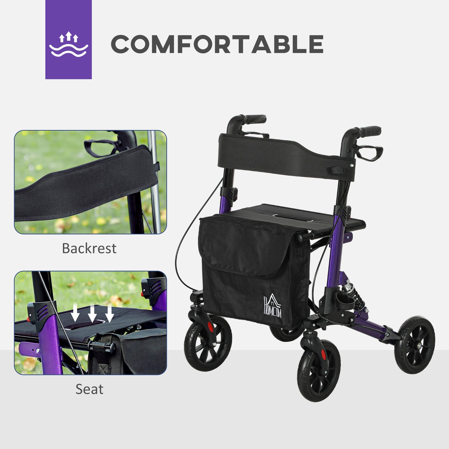 Folding Rollator Walker with Seat, Backrest, Lightweight Walking Frame with Storage Bag, Dual Brakes