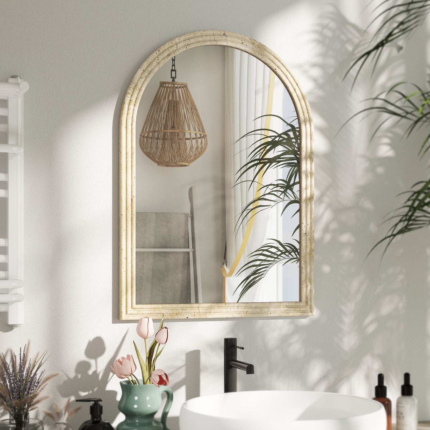 Arched Wall Mirror with Grooved Edge & Hooks, Wall-Mounted Mirror, Modern Tempered Glass & Polystyrene Beige