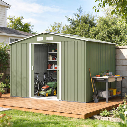 9 x 6ft Metal Garden Shed, Waterproof Outdoor Bike Storage Shed Galvanised with Vents, Foundation Kit