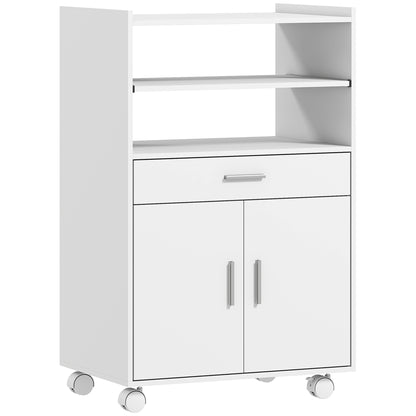 Kitchen Trolley with Wheels, Modern Mobile Microwave Stand with Slide-Out Shelf, Drawer and 2 Doors for Dining Room