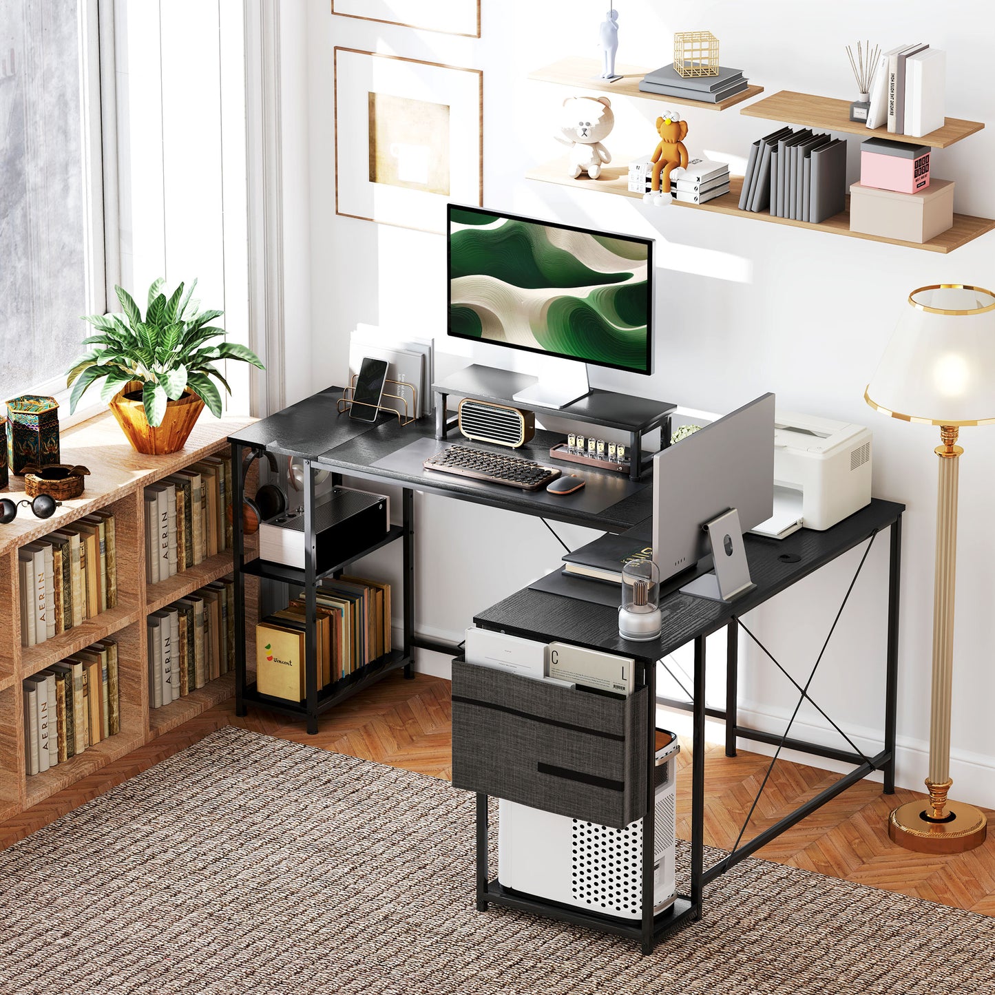 168cm Reversible L Shaped Desk, Industrial Corner Computer Desk with Adjustable Shelf and Storage Bag