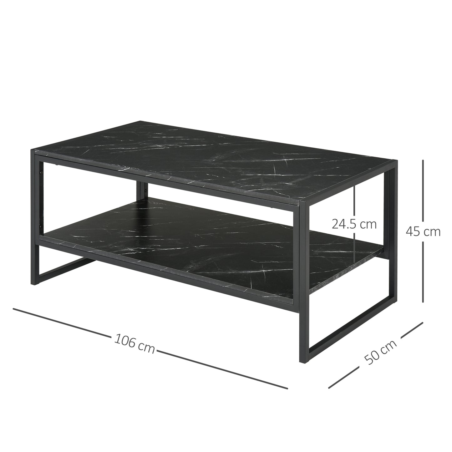 Coffee Table, Two-Tier Faux Marble Effect Centre Table with Metal Frame and Storage Shelf for Living Room, 106 x 50 x 45cm