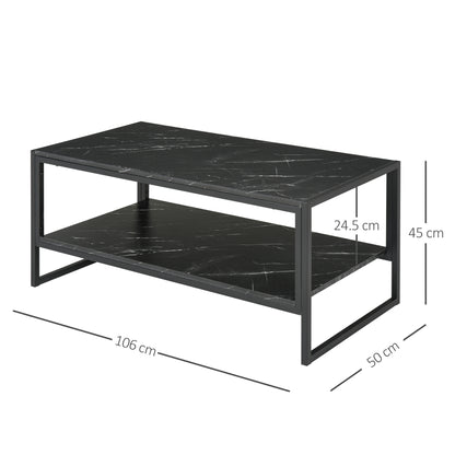 Coffee Table, Two-Tier Faux Marble Effect Centre Table with Metal Frame and Storage Shelf for Living Room, 106 x 50 x 45cm