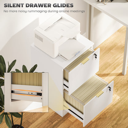 Filing Cabinet, Fluted Vertical File Cabinet with 2 Lockable Drawers and Hanging Rails, White