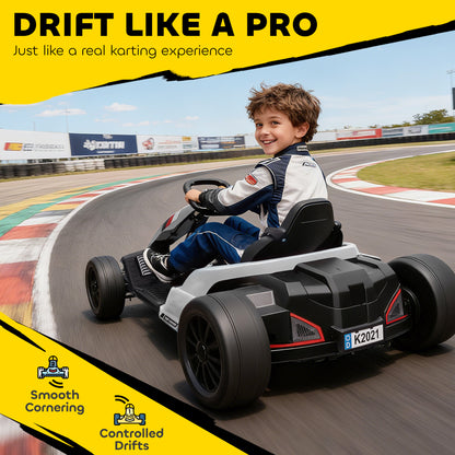 24V Electric Go Kart, Drift Kart with Adjustable Seat, Slow Start, 5-Point Harness, Music, for 6-12 Years, White