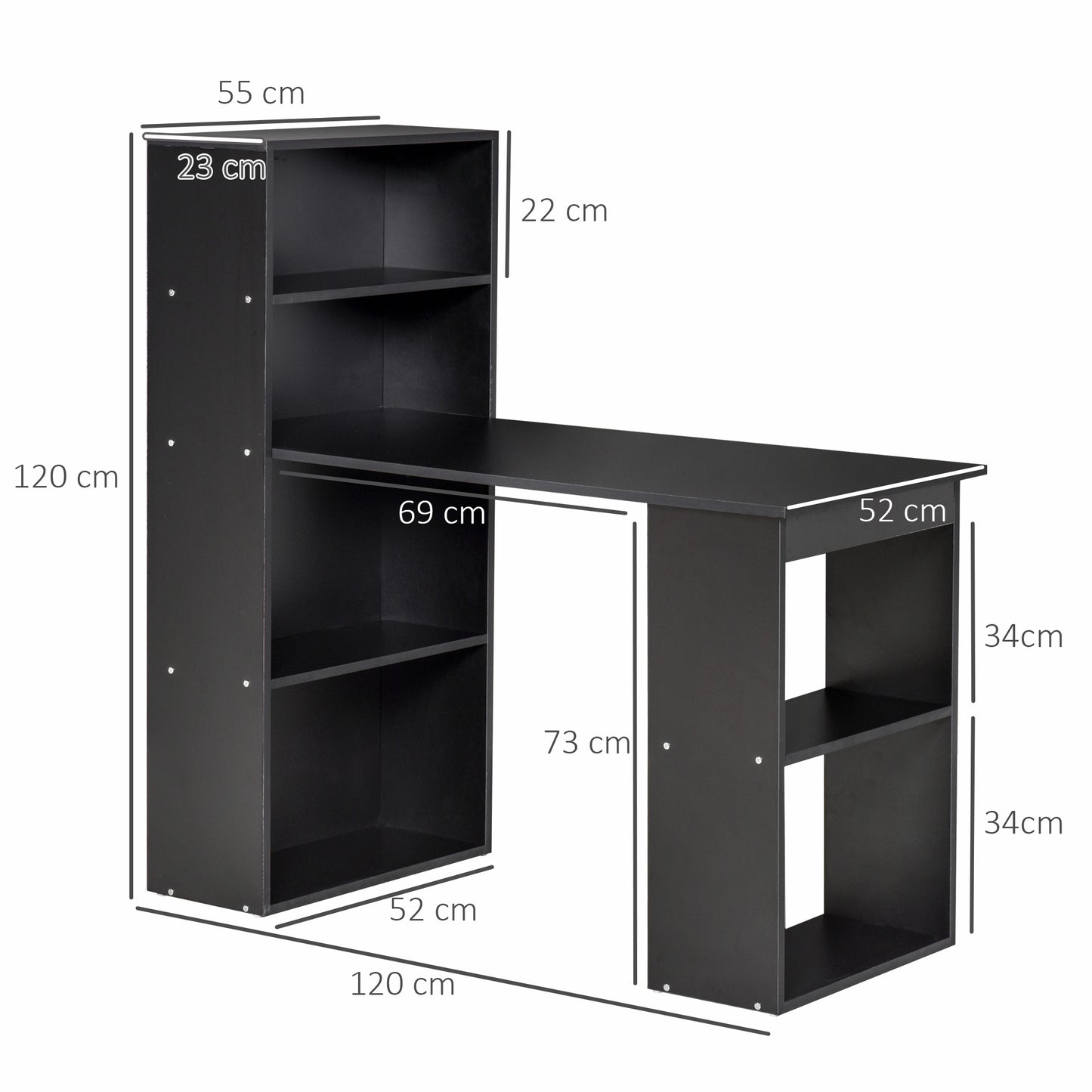 120cm Computer Desk, Wooden PC Laptop Table with 6-Tier Storage Bookshelves, Home Office Working Study Desk