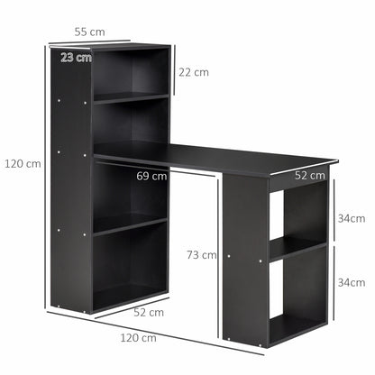 120cm Computer Desk, Wooden PC Laptop Table with 6-Tier Storage Bookshelves, Home Office Working Study Desk