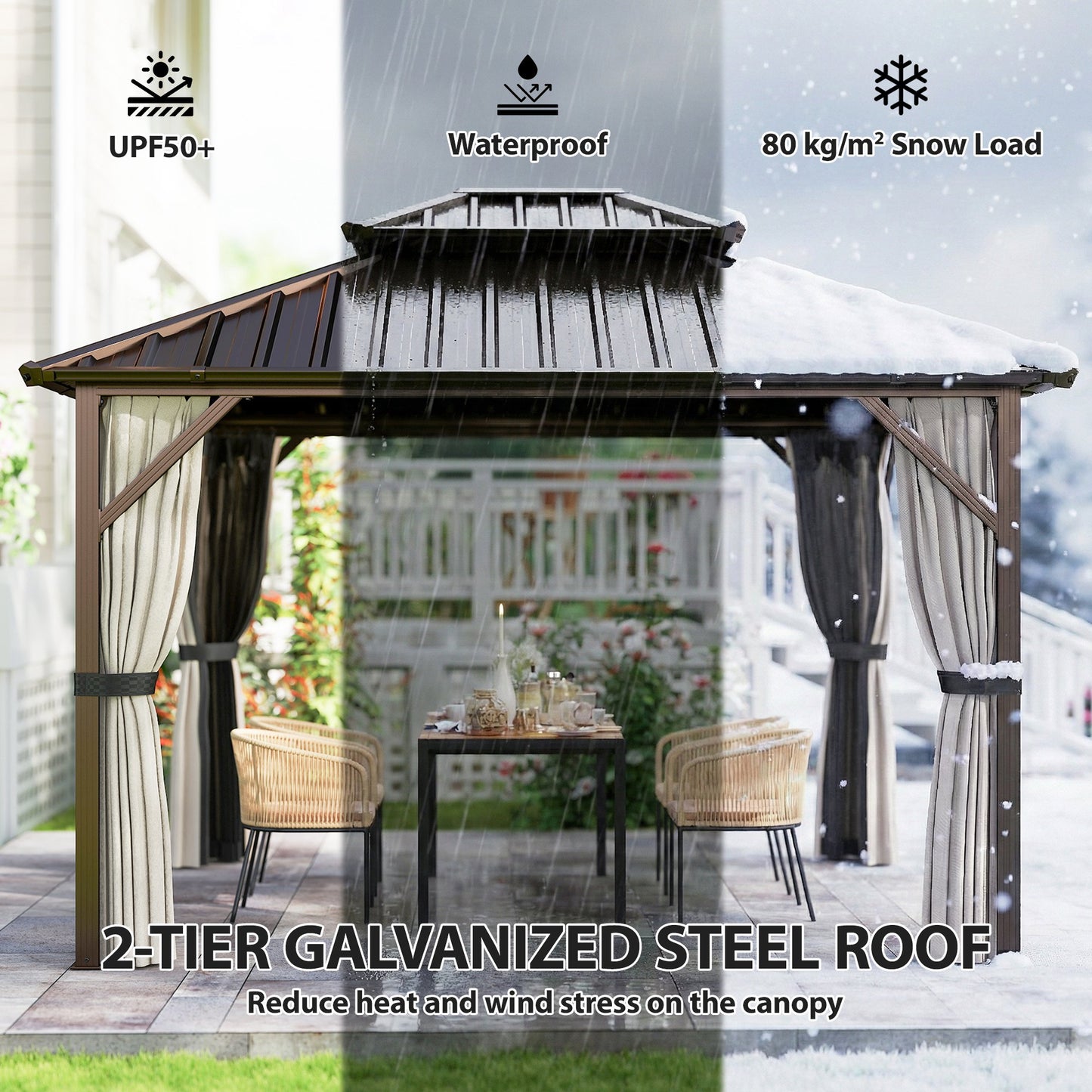 3x3.6 m Hardtop Gazebo Canopy with UPF50+ Double Galvanised Steel Roof, Aluminium Garden Gazebo Permanent Pavilion, Brown