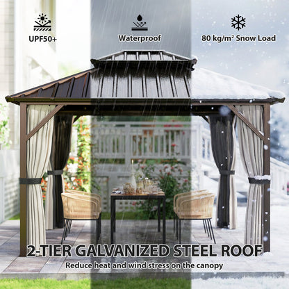 3x3.6 m Hardtop Gazebo Canopy with UPF50+ Double Galvanised Steel Roof, Aluminium Garden Gazebo Permanent Pavilion, Brown