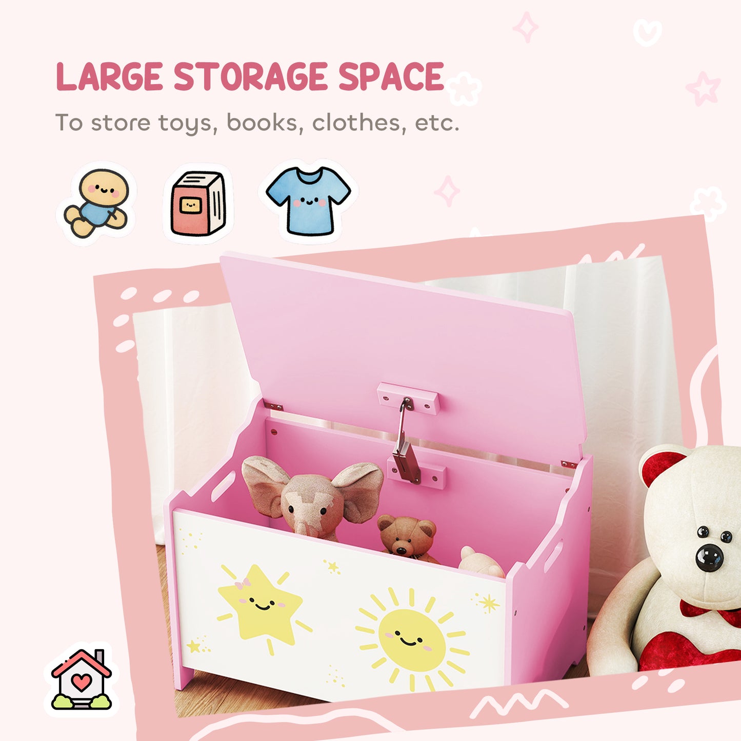 Toy Box with Lid, Safety Hinges and Groove Handles, Toy Storage organiser for Kids, Living Room, Playroom, Pink