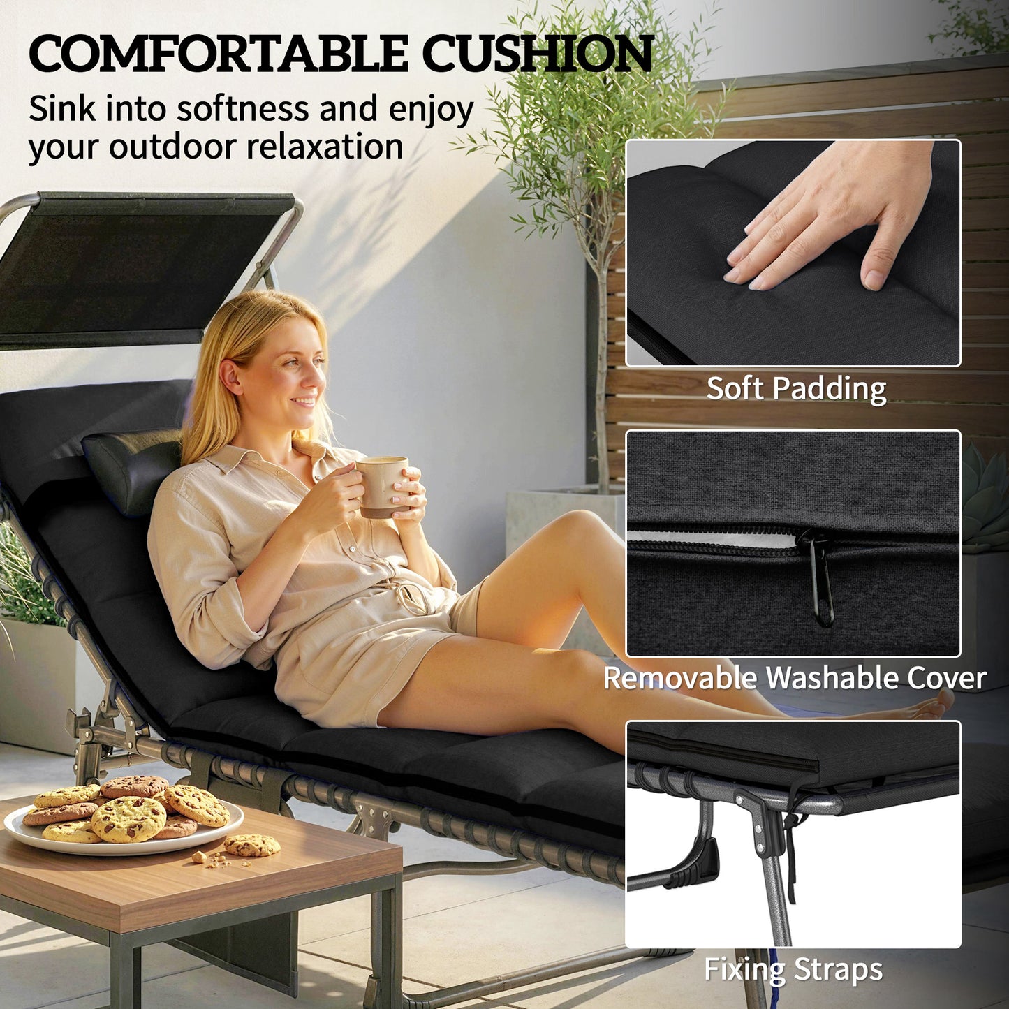 Folding Sun Loungers Set of 2 with Canopy, Reclining Sunbed with Cushion, Side Pocket, Carrying Handle, Black